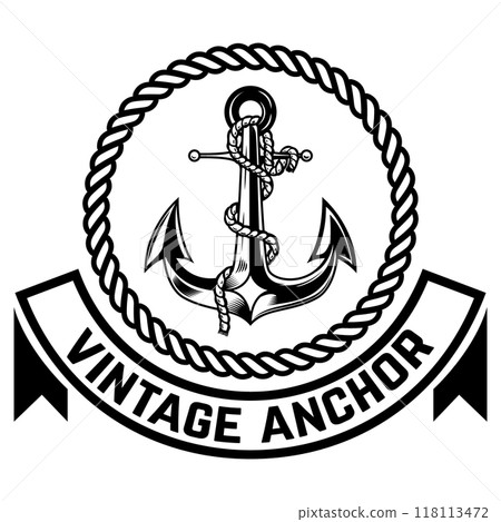 Nautical. Vintage emblem with wreath and anchor. Design element for emblem, sign, badge, logo. Vector illustration 118113472
