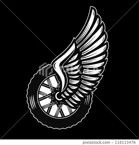 Winged wheel in monochrome style. Design element for logo, label, sign, emblem. Vector illustration Winged wheel in monochrome style. Design element for logo, label, sign, emblem. Vector illustration 118113476