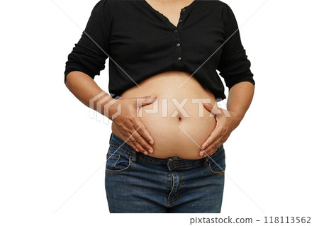 Asian woman show fat belly big size overweight and obesity isolated on white background with clipping path. 118113562