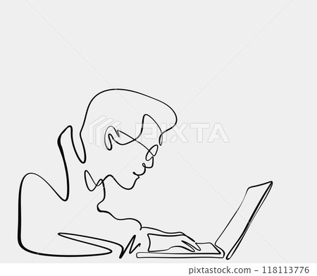 A detailed black and white drawing depicting a man using a laptop 118113776