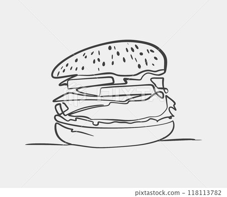 A black and white drawing of a hamburger on a white background A black and white drawing of a hamburger on a white background 118113782