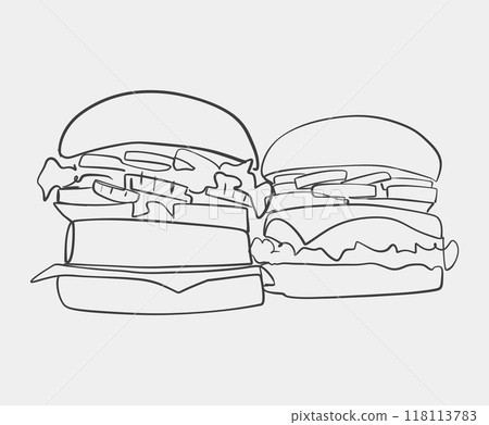 A black and white drawing of a hamburger on a white background 118113783