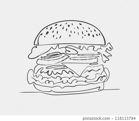 A black and white drawing of a hamburger on a white background A black and white drawing of a hamburger on a white background 118113784