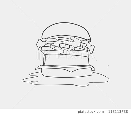 A black and white drawing of a hamburger on a white background 118113788