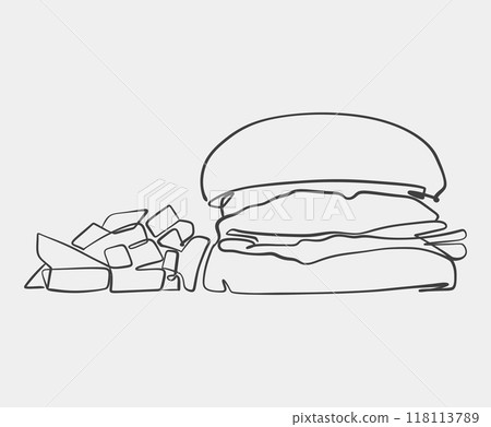 A black and white drawing of a hamburger on a white background 118113789