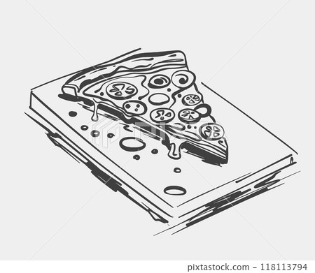 A black and white drawing of a pizza with slices missing 118113794
