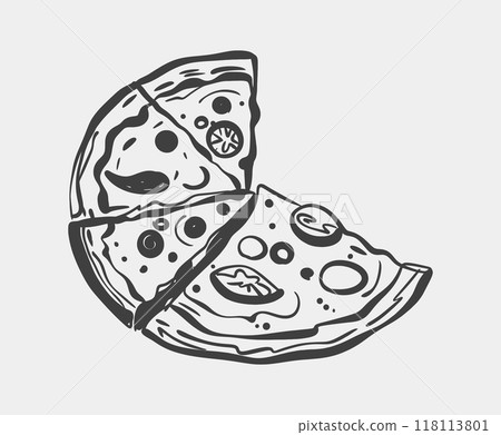 A black and white drawing of a pizza with slices missing A black and white drawing of a pizza with slices missing 118113801