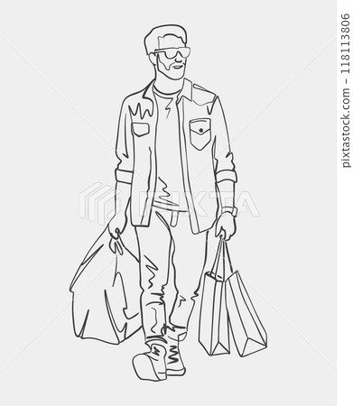 A stylized black and white illustration of a man carrying various bags A stylized black and white illustration of a man carrying various bags 118113806