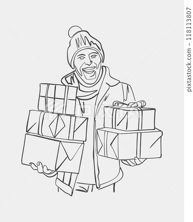 This is a drawing in black and white depicting a man holding several gifts 118113807