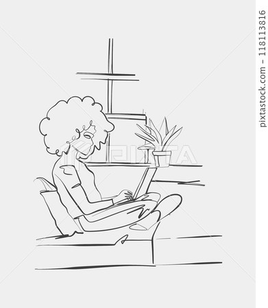 Line art of a woman sitting comfortably while working on a laptop 118113816