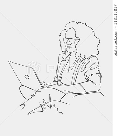 Line art of a woman sitting comfortably while working on a laptop 118113817