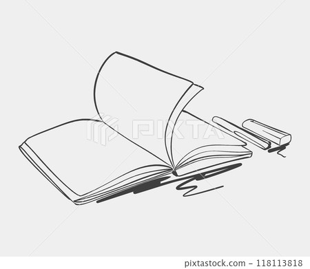 Sketch of an open notebook with pen 118113818