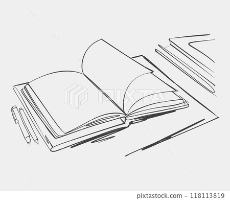 Sketch of an open notebook with pen 118113819