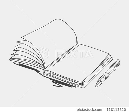 Sketch of an open notebook with pen 118113820