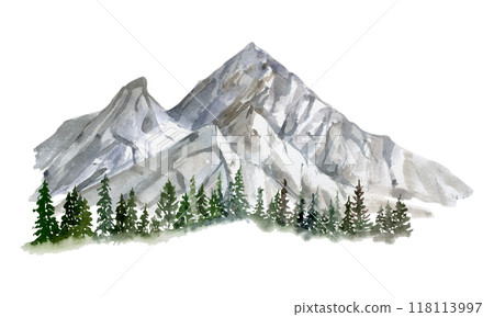 Scenery landscape of mountain range with snowy peaks, cliffs. coniferous forest pine trees, alpine vista hand drawn in watercolor. Illustration for tourism, resort ads, hiking camping sites vacation. Scenery landscape of mountain range with snowy peaks, cliffs. coniferous forest pine trees, alpine vista hand drawn in watercolor. Illustration for tourism, resort ads, hiking camping sites vacation. 118113997