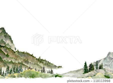 Scenery landscape coniferous forest fir spruce trees, mountains fields hills land alpine vista, hand drawn in watercolor. Horizontal frame for tourism, resort ads, hiking camping sites, vacation. Scenery landscape coniferous forest fir spruce trees, mountains fields hills land alpine vista, hand drawn in watercolor. Horizontal frame for tourism, resort ads, hiking camping sites, vacation. 118113998