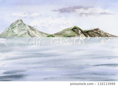 Scenery landscape cloudy blue sky, water surface with waves, mountains on horizon, sea lake ocean, watercolor hand drawn. Illustration for tourism, resort ads, hiking camping sites vacation, postcard. 118113999