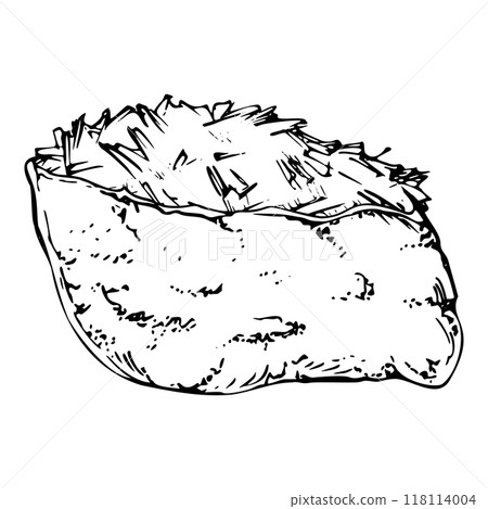 Traditional Japanese food inari sushi, fried tofu wrap pocket, soy cheese omelette with raw fish salmon tuna crab. Hand drawn in vector pen, ink. Illustration for restaurant, cafe menu, recipe book 118114004