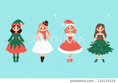 Set of cute girls in Christmas outfits. Vector graphics 118114129