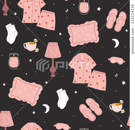 Seamless pattern with sleep items on a dark background. Vector graphics. 118114130