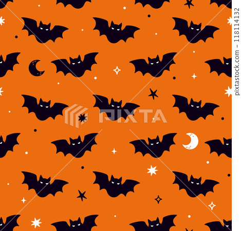 Seamless pattern with bats on an orange background. Vector graphics. 118114132