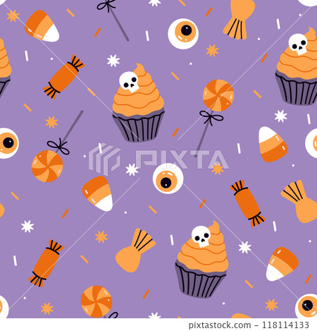 Seamless pattern with Halloween candies and cupcakes. Vector graphics. Seamless pattern with Halloween candies and cupcakes. Vector graphics. 118114133