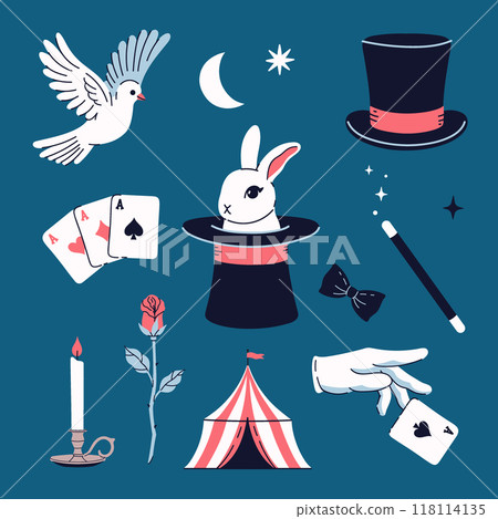 Magician set rabbit in hat, white dove, cards, glove, candle, rose. Vector graphics. Magician set rabbit in hat, white dove, cards, glove, candle, rose. Vector graphics. 118114135