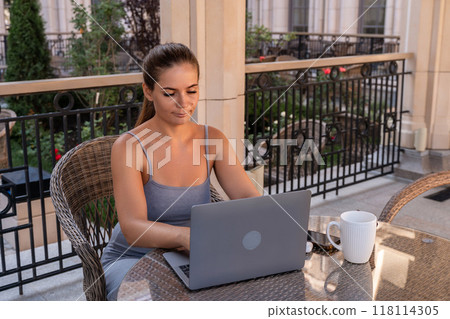 Woman Laptop Balcony Working Remotely Woman Laptop Balcony Working Remotely 118114305