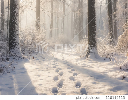 footprints in the snow, in the forest 118114313