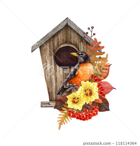Autumn mood natural decor with bird, birdhouse, fallen leaves, rowanberry. Watercolor illustration. Vintage style cozy fall season decor in warm colors. Robin bird, leaves, berries element isolated 118114364