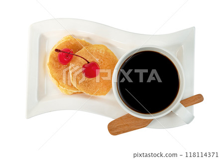 coffee cup with pancakes and cherry isolated 118114371