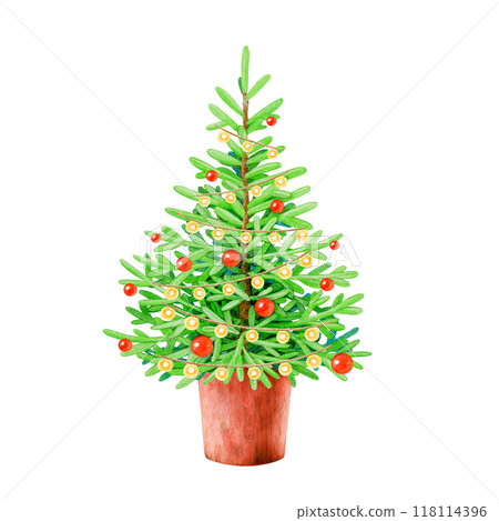 Christmas tree in ceramic pot decorated with red balls, garlands in traditional colors painted illustration. Vintage style fir tree with festive bright decoration. Winter holidays decor element 118114396