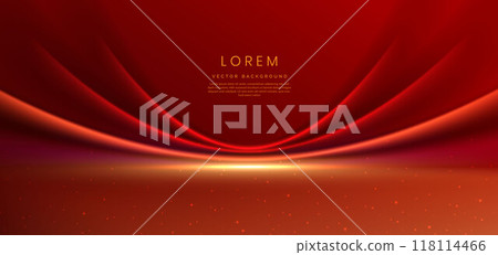 Elegant red stage with red curved shape lighting effect and sparkle. Template premium award design. Elegant red stage with red curved shape lighting effect and sparkle. Template premium award design. 118114466