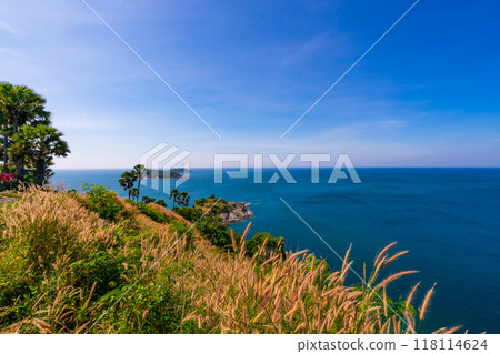 Laem promthep cape with coconut palm trees and grass in the foreground beautiful scenery andaman sea in summer season Phuket thailand Beautiful travel background 118114624