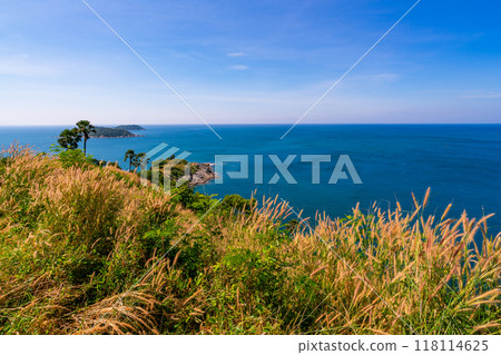 Laem promthep cape with coconut palm trees and grass in the foreground beautiful scenery andaman sea in summer season Phuket thailand Beautiful travel background 118114625
