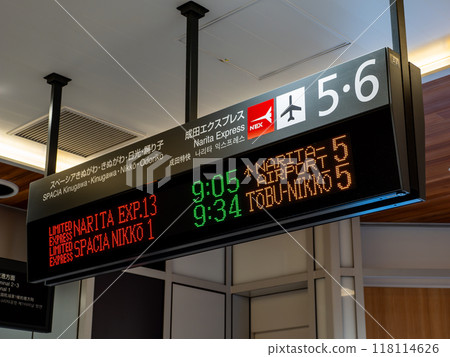 Departure board for platforms 5 and 6 at JR East Shinjuku Station, where the Narita Express departs and arrives. 118114626