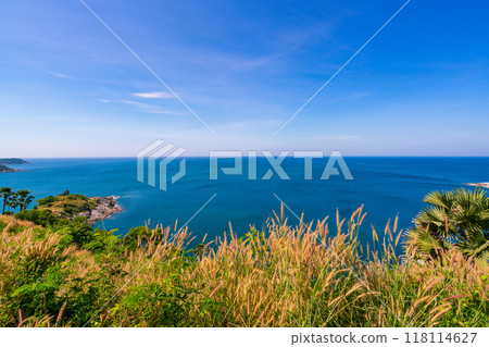 Laem promthep cape with coconut palm trees and grass in the foreground beautiful scenery andaman sea in summer season Phuket thailand Beautiful travel background 118114627