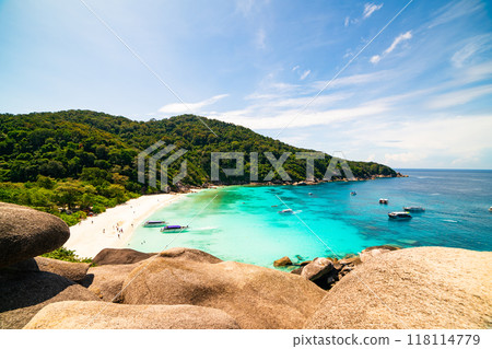 Beautiful seashore with wave crashing on sandy shore at Similan Islands Beautiful tropical sea Similan island No.8 at Similan national park, Phang nga Thailand 118114779