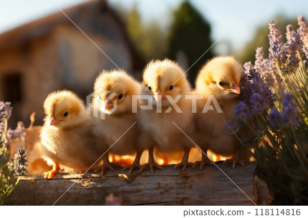 Portrait of small baby chickens on an old stone fence with flowers, on a ranch in the village, rural surroundings on the background of spring nature 118114816