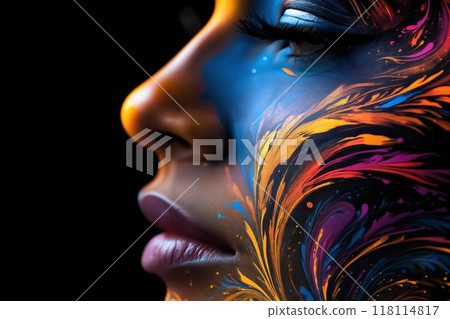 portrait of a woman with decorative art makeup on her face 118114817