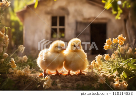Small chickens against the background of spring nature on Easter, in a bright sunny day at a ranch in a village. 118114828