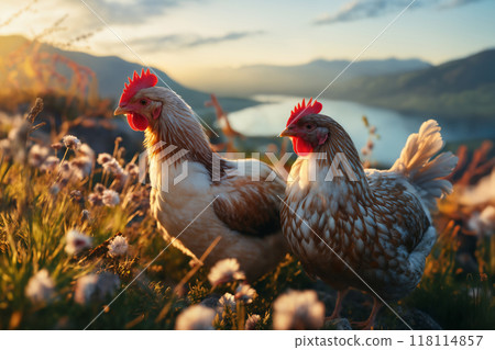 Portrait of chickens on a green grass meadow in mountains, bright sunny day, on a ranch in the village, rural surroundings on the background of spring nature 118114857
