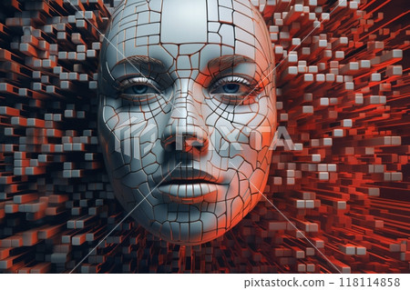 woman's face with 3D cubes and particles in space as symbol of augmented reality and computer technologies of future, close-up portrait, concept of cybernetics, biomechanics and robotics 118114858