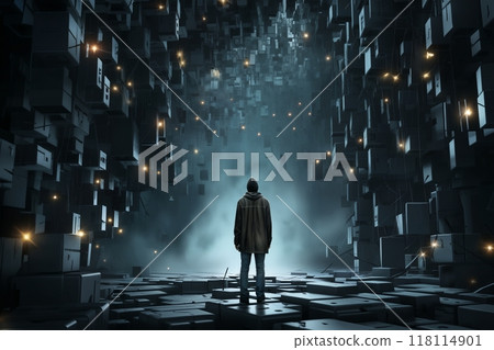A man standing in a dark mystic space with lots of cubes and lights around, in the style of surrealism 118114901