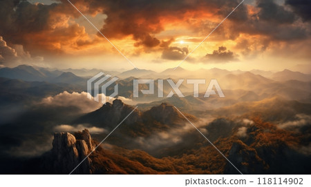 a beautiful landscape with mountains at sunset, sunlight in a dramatic sky with clouds, beautiful nature 118114902