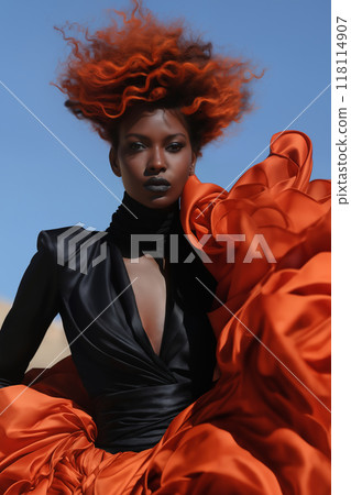 portrait of a beautiful Afro girl, with red hair, in fashionable black clothes, with red fabric, the concept of luxury, style and glamour 118114907