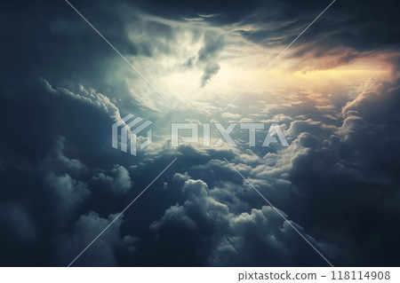 beautiful stormy sky with dark cumulus clouds aerial view for abstract background 118114908