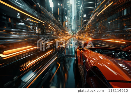 futuristic car on a glossy road in a tunnel with transparent walls, transport of the future, city streets 118114910
