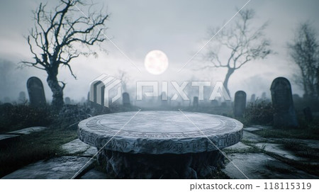A stone podium in a foggy graveyard with tombstones and a full moon in the background, great for horror or mystery themes 118115319