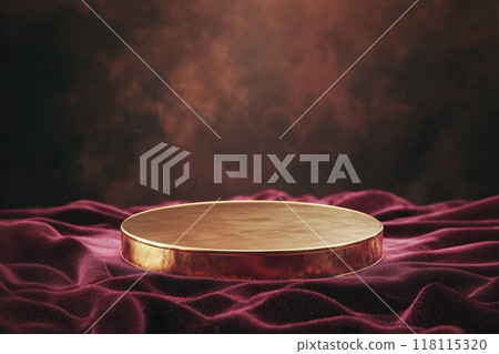 A circular, gold-trimmed podium set on a luxurious velvet cushion. The podium is sleek, with a polished surface that gleams under soft, ambient lighting. A circular, gold-trimmed podium set on a luxurious velvet cushion. The podium is sleek, with a polished surface that gleams under soft, ambient lighting. 118115320